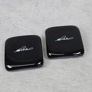 Black Glass Square Coasters Set of 2 White Script Signature Felt Backing 3"